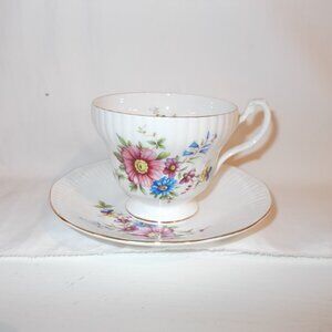 Royal Minister pink floral fine bone china teacup & saucer, made in England
